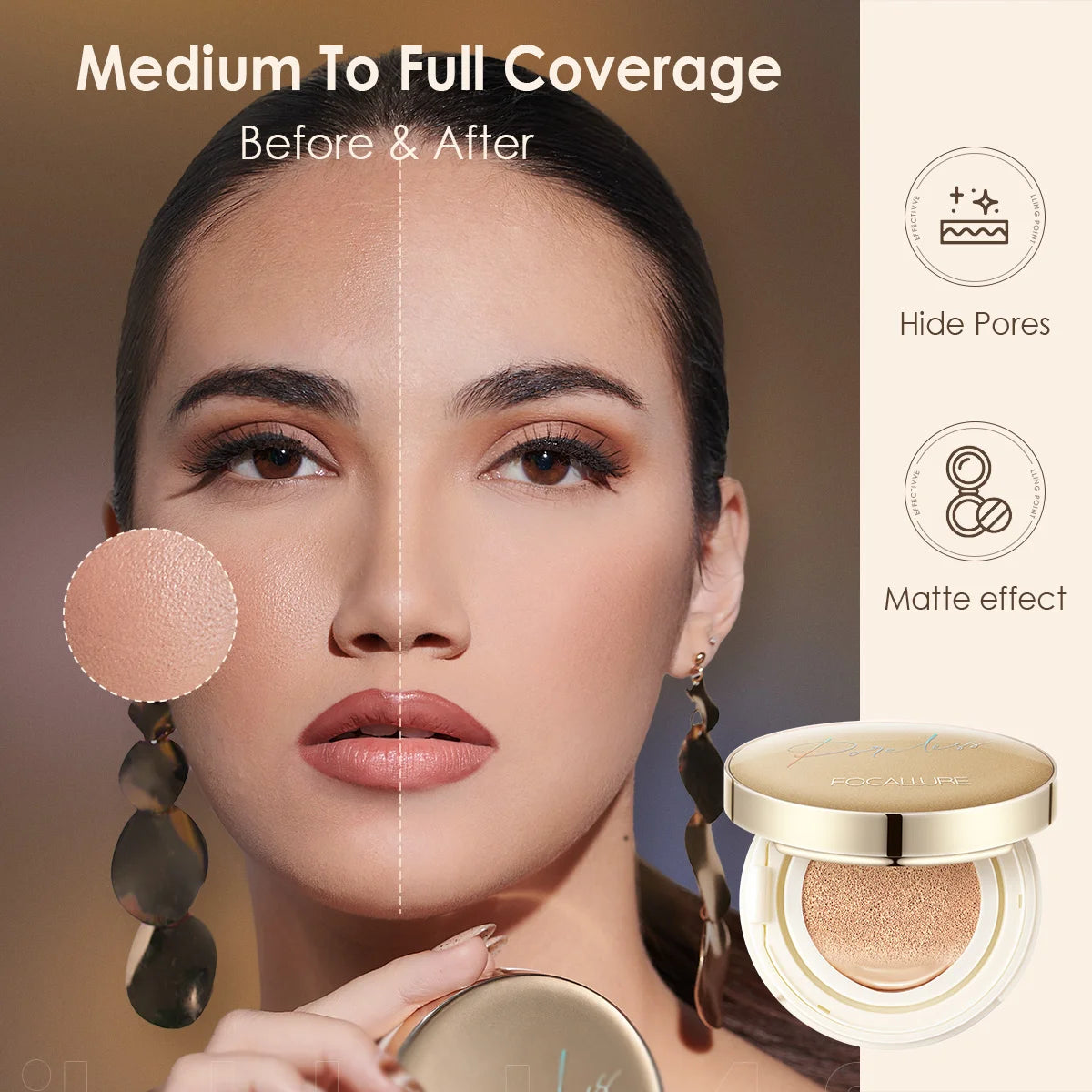 Focusallure fundação almofada de ar à prova dwaterproof água base fosca poros alta cobertura creme facial nutritivo suave fundação maquiagem