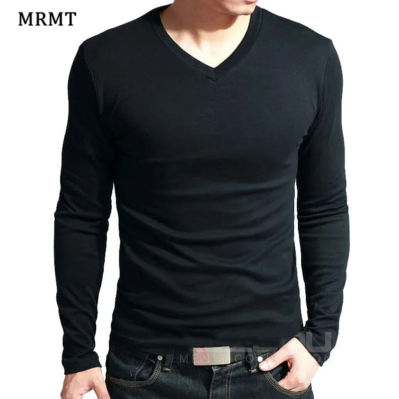 Camiseta Masculina Elástica 2026 com Decote em V e Manga Longa, Camisetas para Homens, Roupas Masculinas, Camiseta Nova em Cores Sólidas