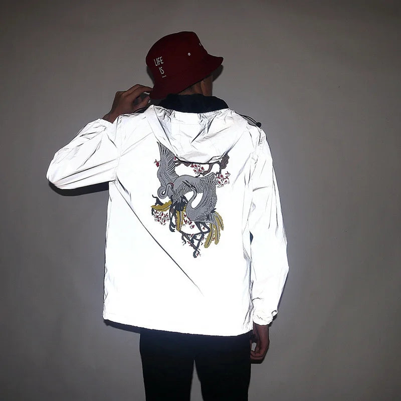 Jaqueta reflexiva completa masculina casual feminino blusão hip hop casaco com capuz à prova dwaterproof água impresso streetwear noite jaquetas brilhantes 5xl