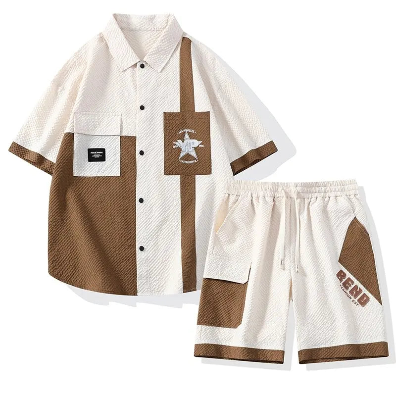 Conjunto Casual Masculino de Linho e Algodão, Camisa de Manga Curta com Colarinho e Calças Largas, Traje de Verão com Bordado Floral