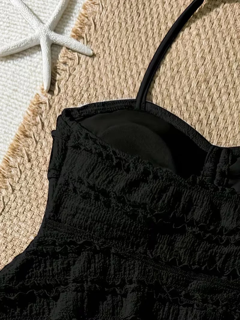Conjunto de biquíni preto e branco para meninas, 2 peças, roupa de banho de cor sólida para crianças, meninas, verão, férias na praia