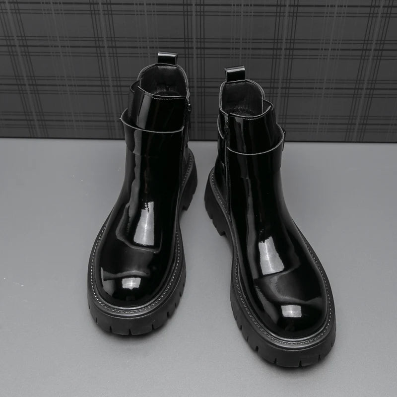 Botas masculinas de couro envernizado, de alta qualidade, superfície brilhante, confortável, sola grossa, cano alto, marca de moda, antiderrapante, chelsea