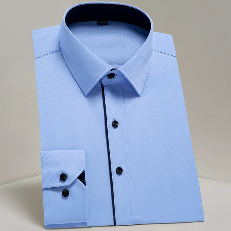 Camisas sociais masculinas clássicas de manga comprida, ajuste padrão, formal, negócios, social, simples, design básico, branco, trabalho, escritório, camisa casual
