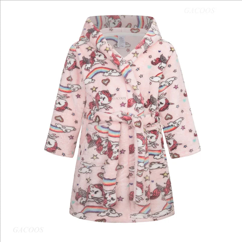 Roupão de banho infantil de dinossauro com capuz, pijama de unicórnio de desenho animado para meninos, roupões de banho de lã para meninas, roupa de dormir para bebês