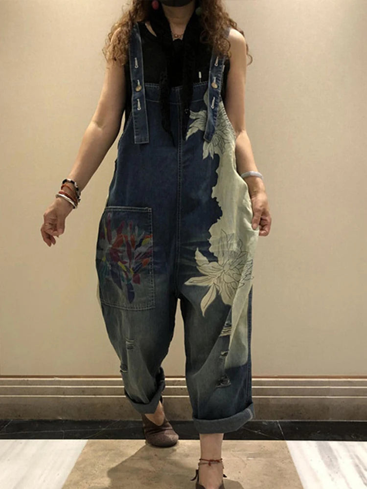 Amax lulue 2025 moda coreana primavera feminino impresso denim macacão senhoras vintage casual jeans feminino calças soltas calças largas