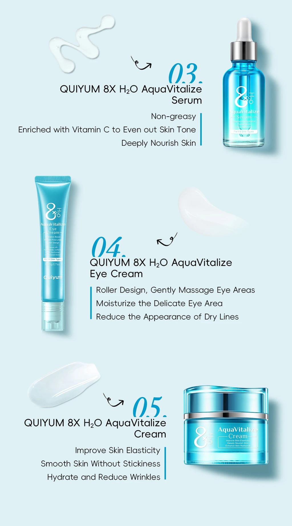 QUIYUM 8X H2O AquaVitalize Skincare Set 5PCS Kit de hidratação profunda Rugas Suavização Tratamento de aperto Conjunto de presente