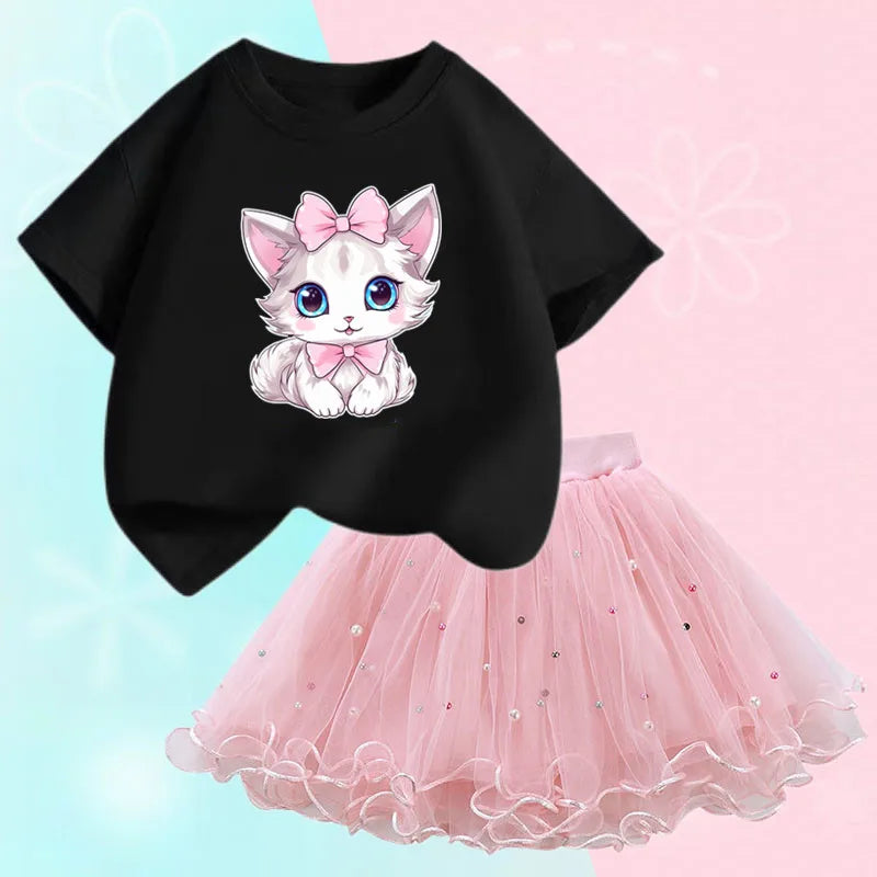 Roupas de verão para meninas, camiseta fofa de gato e saia tutu de malha, conjunto de duas peças, roupas coreanas para crianças de 3 a 14 anos
