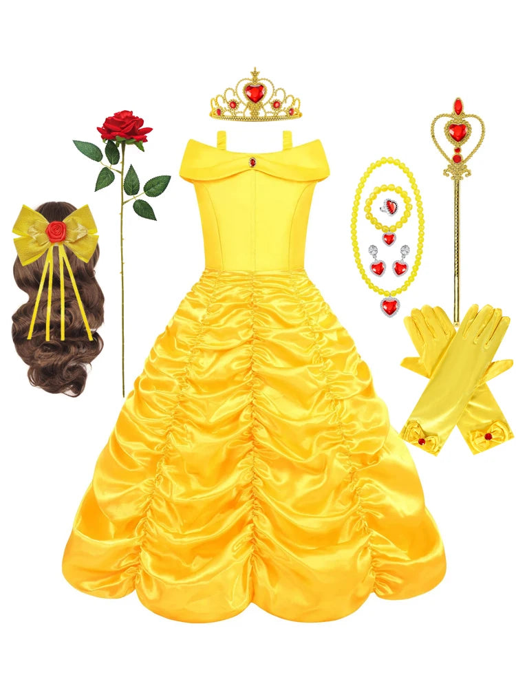 Belle traje menina princesa vestido amarelo halloween bela e a fera trajes meninas festa de aniversário crianças roupas vestido