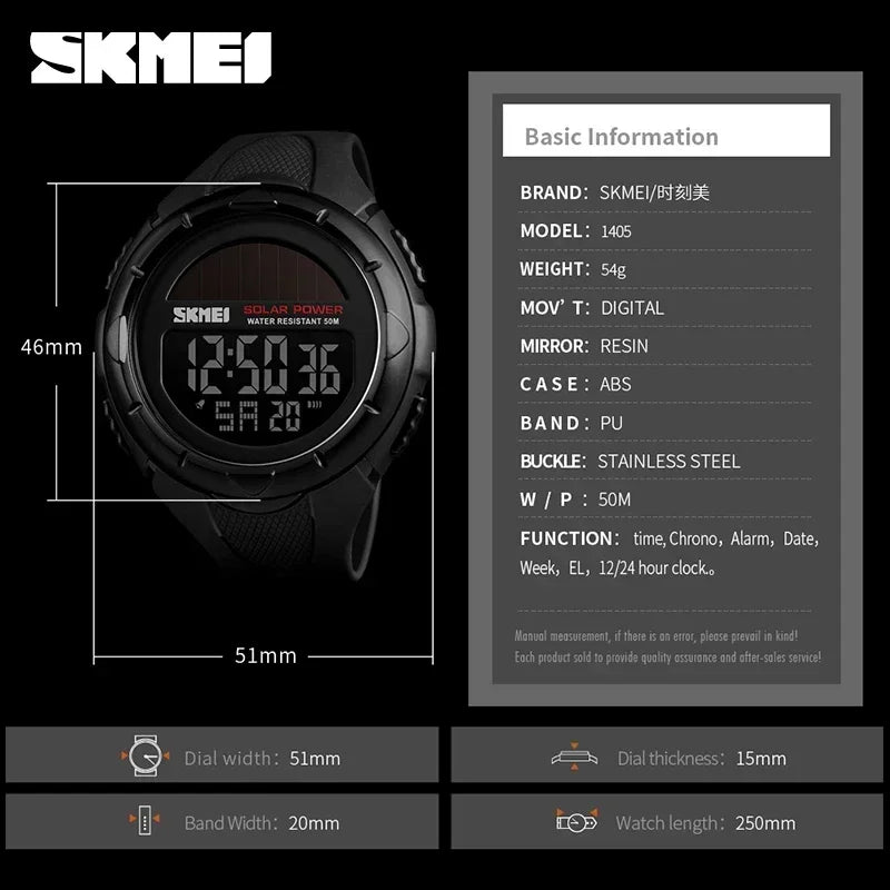 Skmei 1405 esporte digital relógios de pulso dos homens solar para energia ambientalmente alarme masculino reloj hombre relógios luminosos