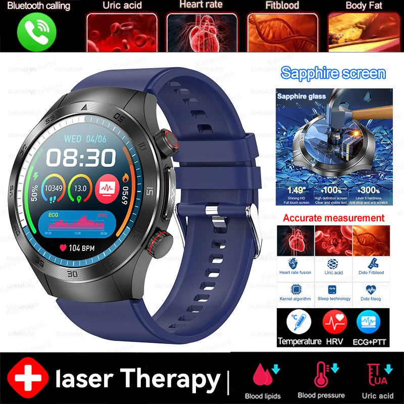2025 novo tratamento a laser corpo e coração relógio inteligente masculino ecg + ppg ácido úrico gordura no sangue bluetooth chamada rastreador de saúde relógios inteligentes