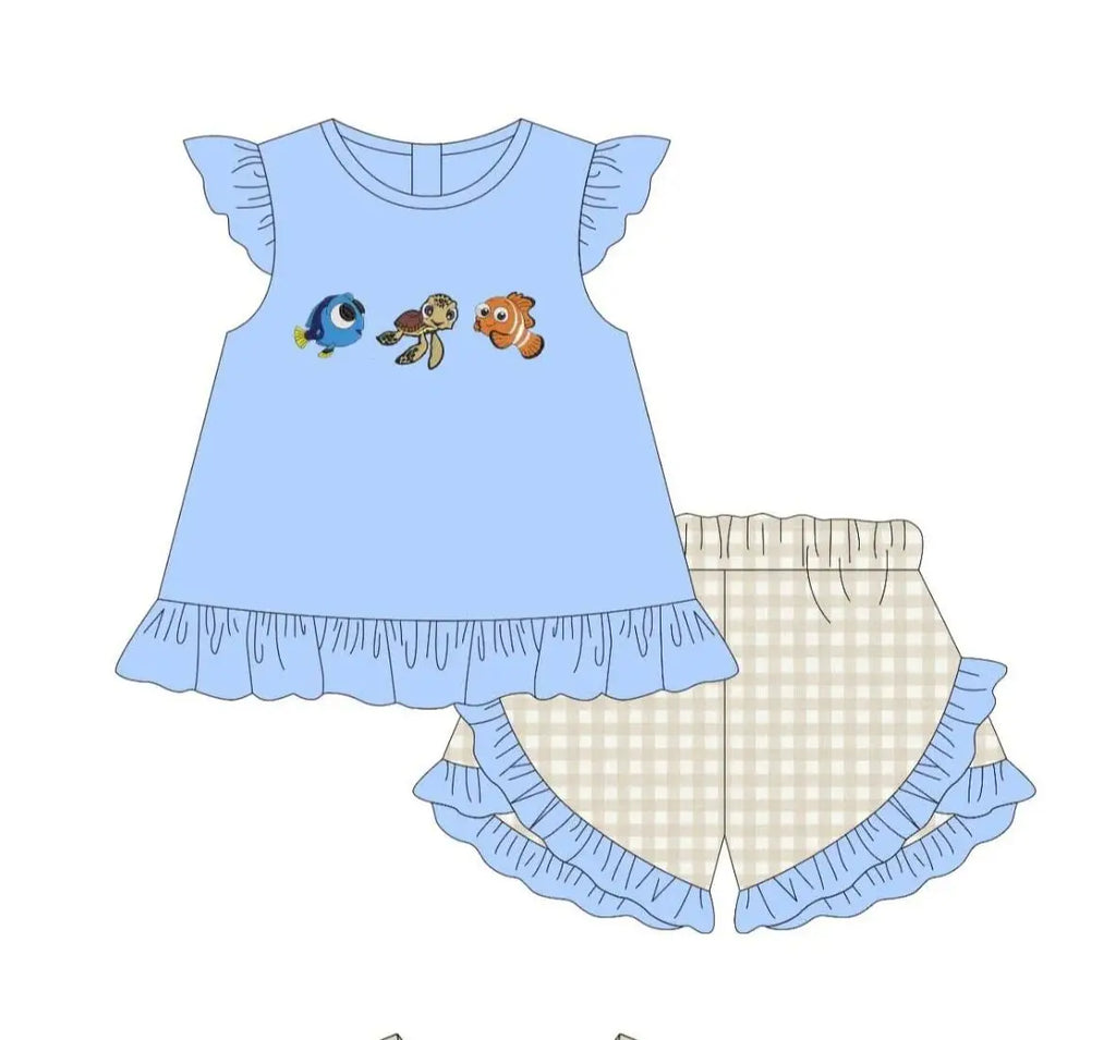 Conjunto de Roupas para Bebê em Estilo Boutique com Estampa de Peixes em Xadrez Verde para Meninos e Meninas
