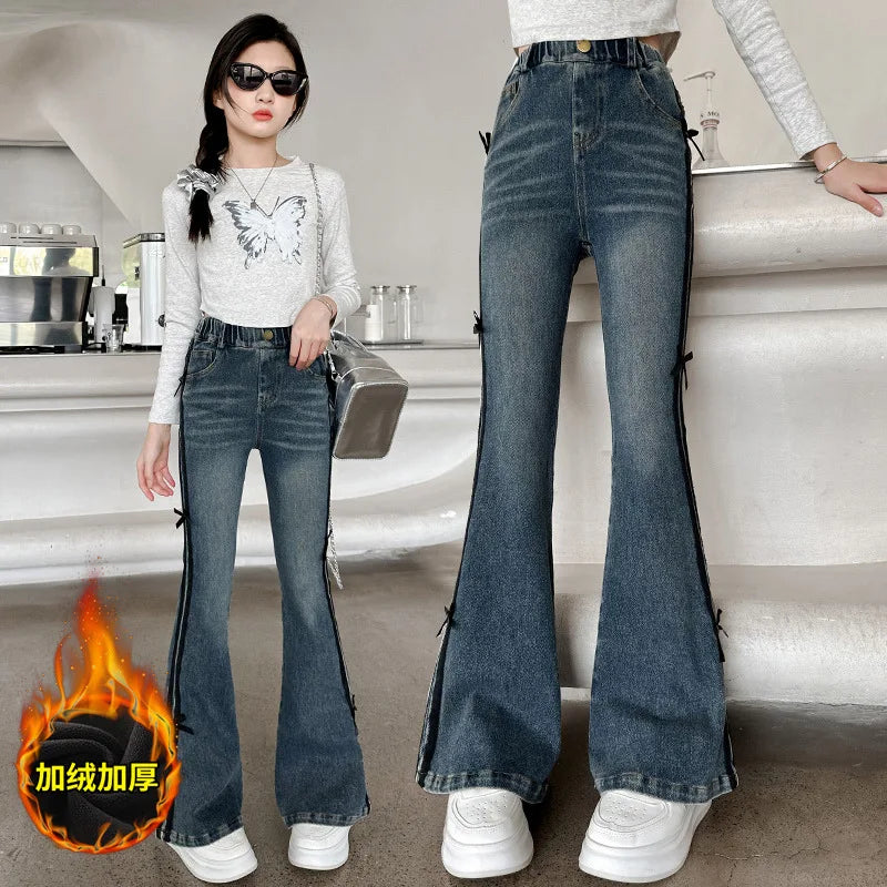 Crianças inverno fino ajuste bootcut flanela forrado jeans para meninas elegante isolado queimado calças jeans crianças calças térmicas quentes