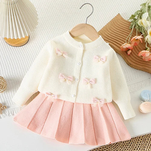 2025 novo outono 0-5yrs bebê meninas conjunto de roupas manga comprida malha cardigan casaco + saia curta crianças roupas de malha terno