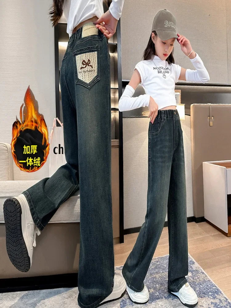 Meninas adolescentes jeans com lã outono inverno moda casual crianças perna larga calças jeans isoladas escola crianças denim
