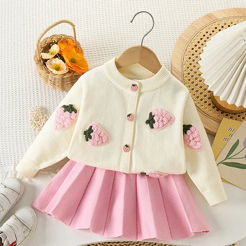 2025 novo outono 0-5yrs bebê meninas conjunto de roupas manga comprida malha cardigan casaco + saia curta crianças roupas de malha terno