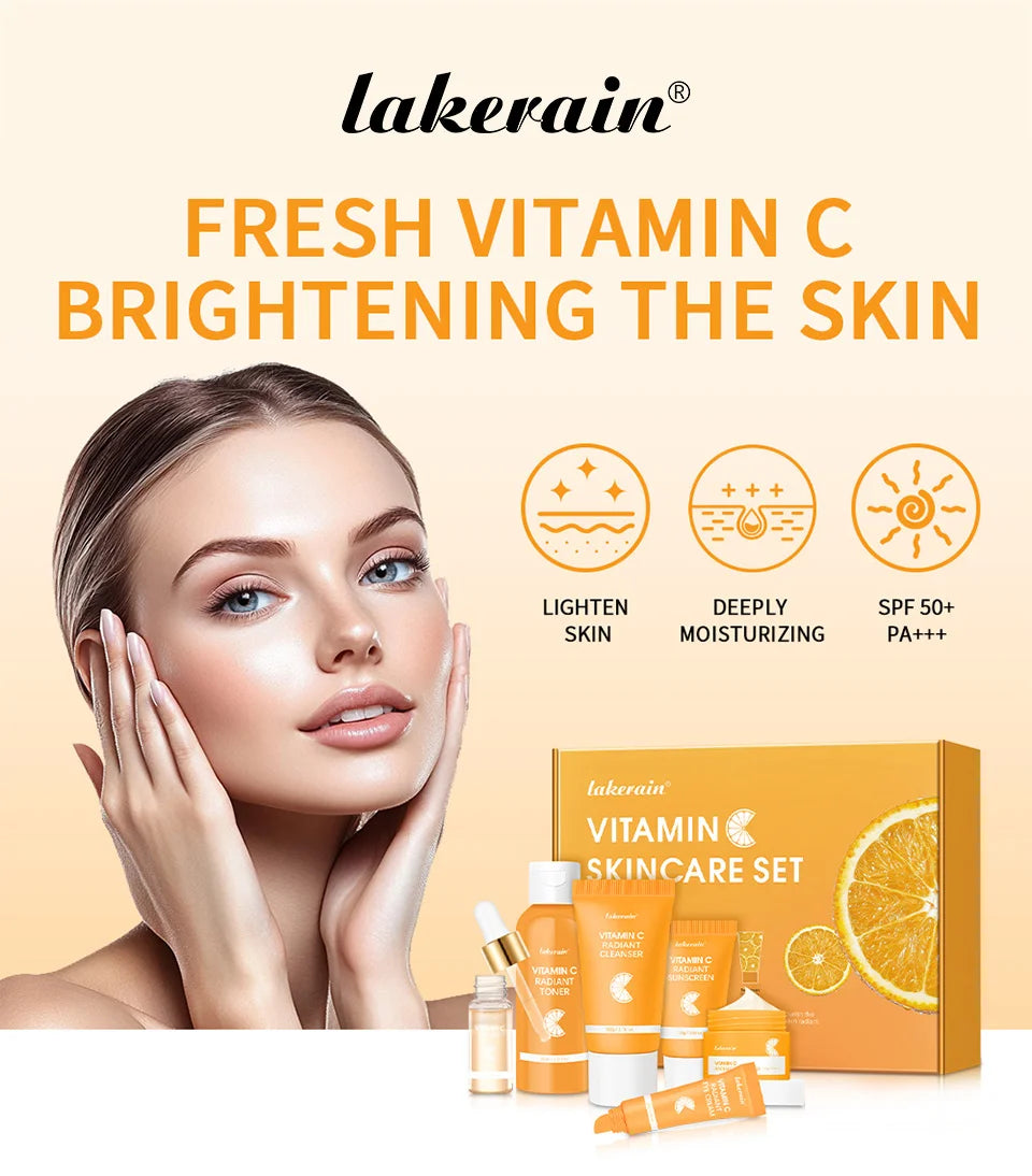 Lakerain vitamina c conjunto de cuidados com a pele 6 pçs kit creme de clareamento manchas escuras soro círculo escuro olho hidratante facial kits de clareamento