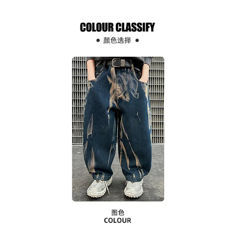 Crianças graffiti jeans meninos primavera e outono 2025 novas crianças adolescentes bonito meninos perna reta solta calças de perna larga