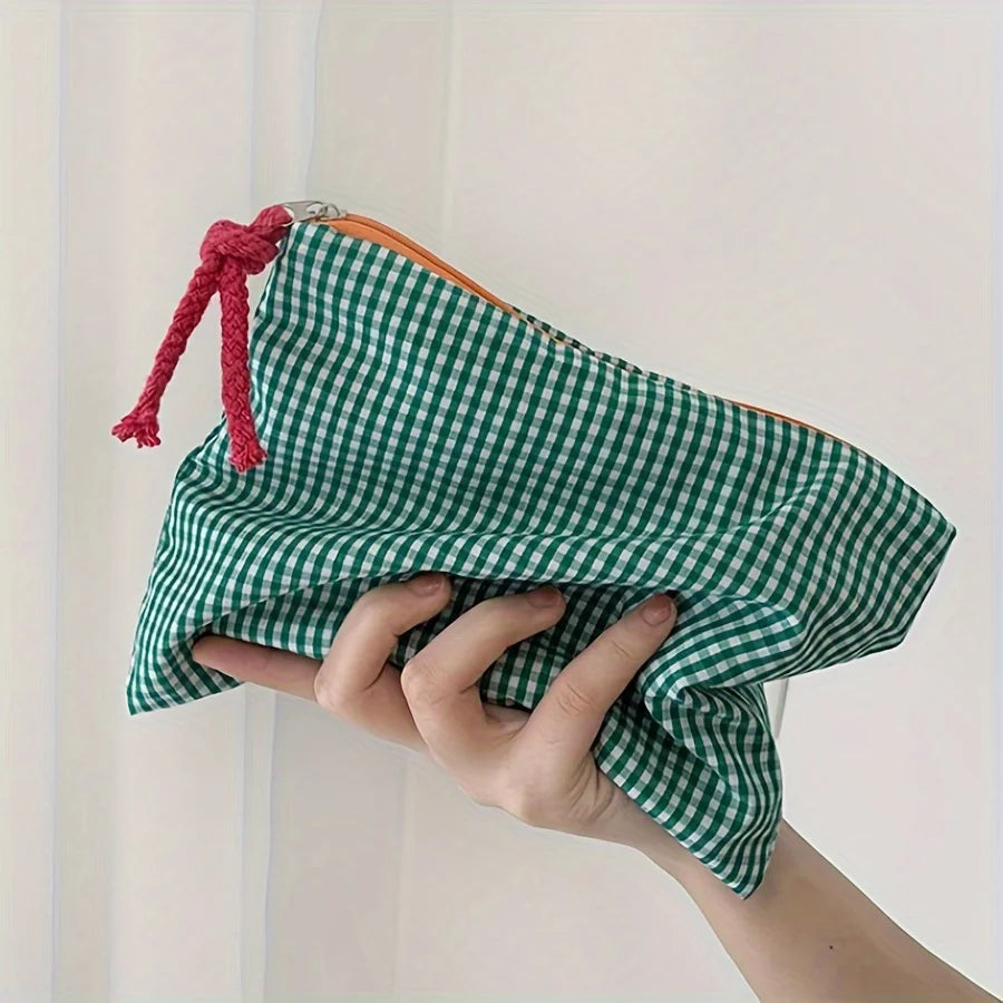 Venda quente feminino xadrez saco de maquiagem grande capacidade algodão zíper bolsa bolsa de viagem saco de maquiagem portátil simples bolsa saco de cosméticos