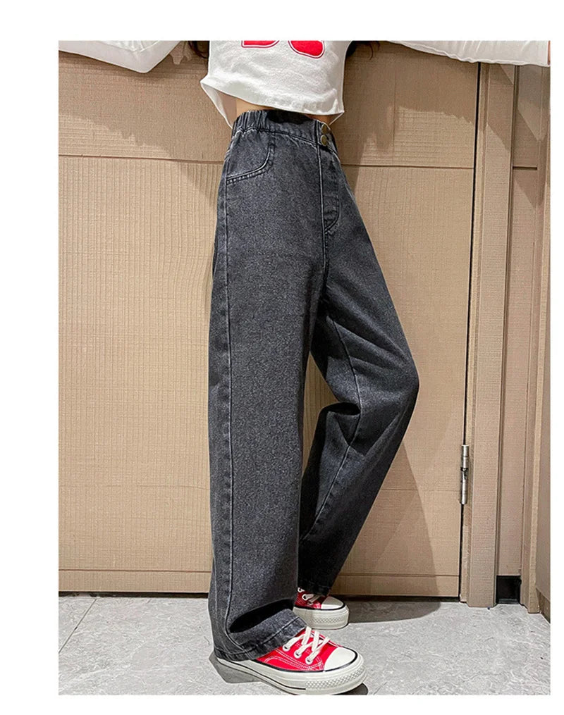 Jeans casuais soltos para meninas, calças longas retas para a escola, perna larga, para crianças de 5 a 14 anos, outono