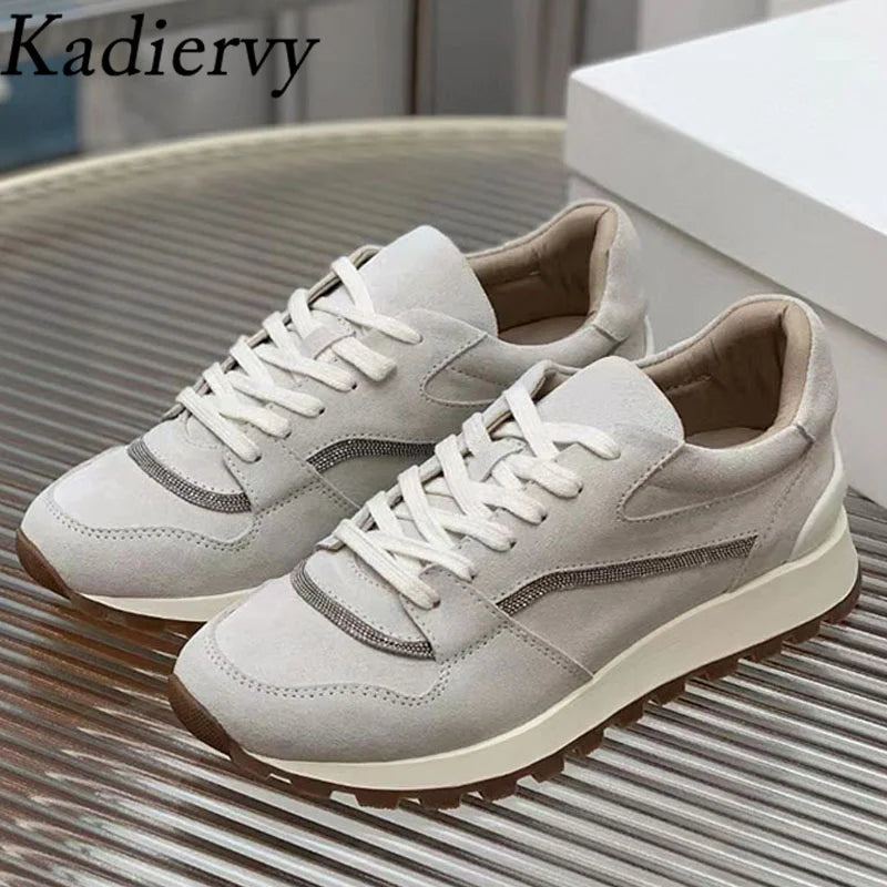Sapatos casuais mulher dedo do pé redondo corrente corda grânulo conforto tênis de corrida senhoras camurça vaca retalhos rendas até tênis planos