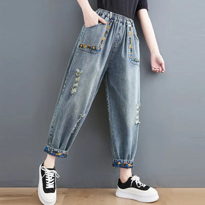 Jeans de namorado de cintura alta para mulheres, streetwear vintage, básico bordado floral, calças jeans femininas harém, novo, primavera, B3782, 2024