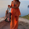 Conjunto feminino de linho algodão laranja 2 peças calças conjunto feminino roupas casuais primavera verão praia férias novo em roupa combinando 2025