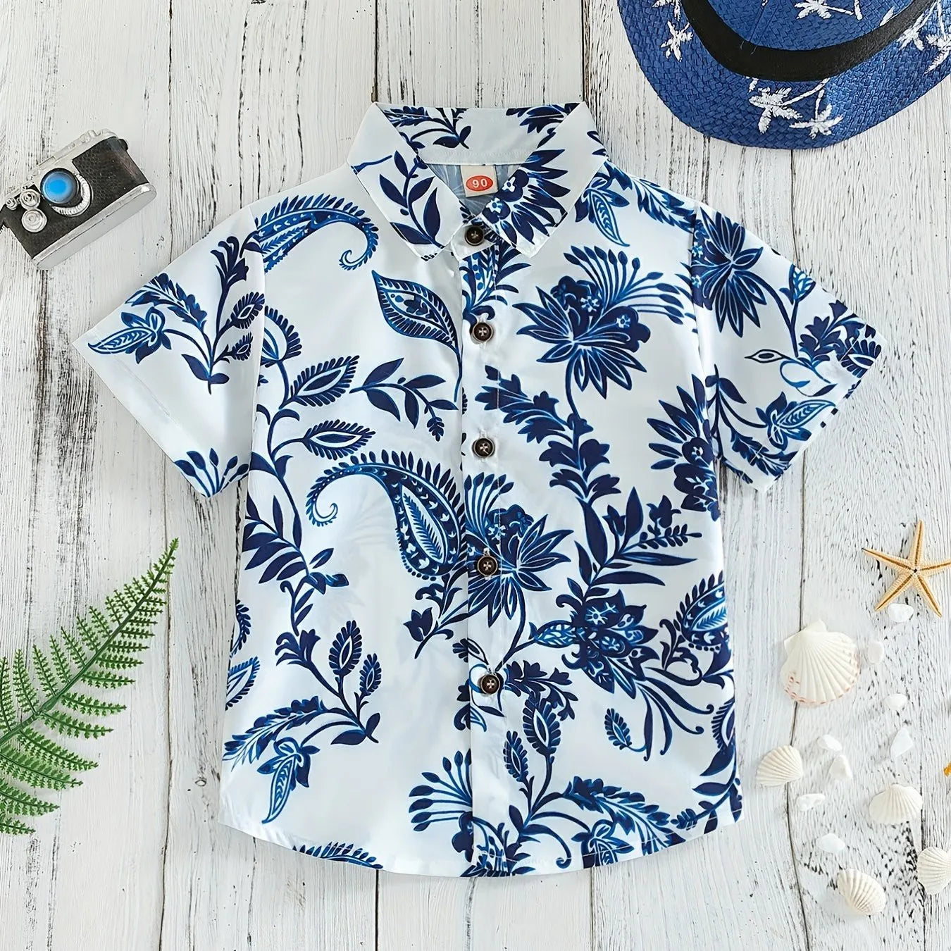 Top respirável casual floral e foliar infantil, blusa de meninos, perfeita para praia, férias, elegante, verão