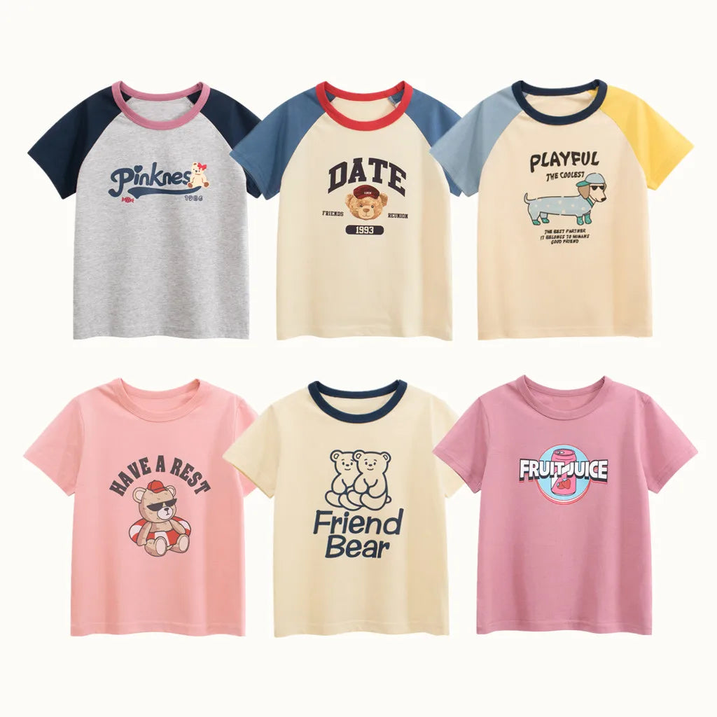 Camisetas dos desenhos animados da menina 2025 crianças 100% algodão roupas bonitos cão gato elefante crianças meninas manga curta casual esporte topo t