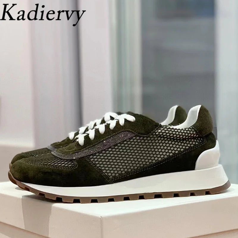 Sapatos casuais mulher dedo do pé redondo corrente corda grânulo conforto tênis de corrida senhoras camurça vaca retalhos rendas até tênis planos