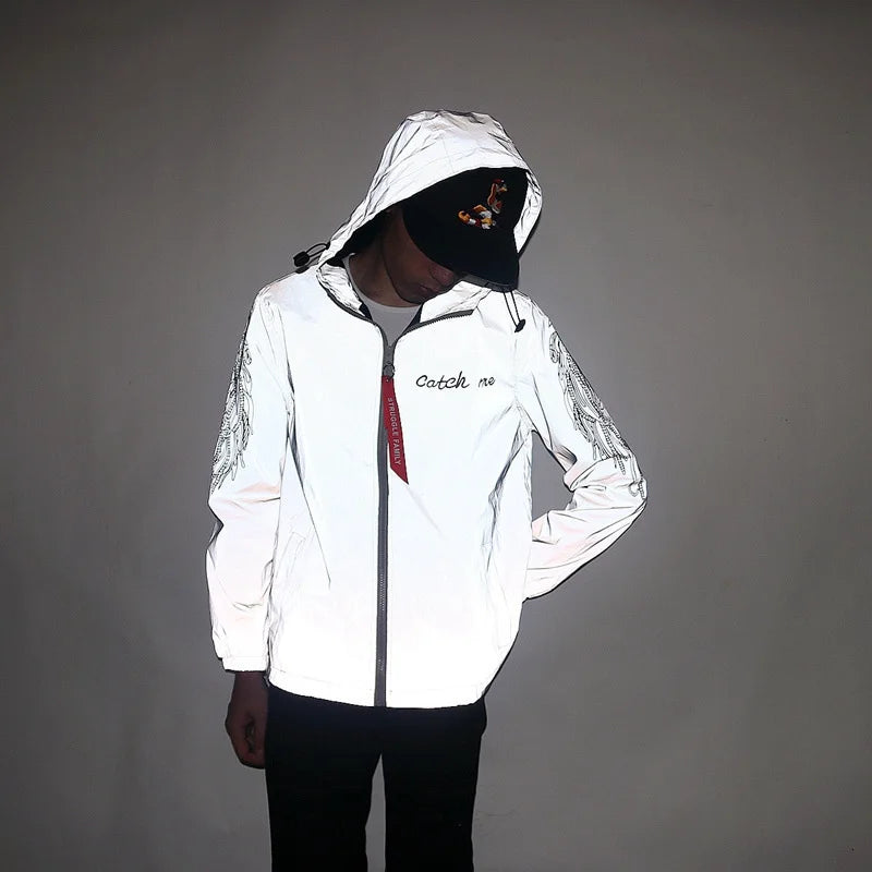 Jaqueta reflexiva completa masculina casual feminino blusão hip hop casaco com capuz à prova dwaterproof água impresso streetwear noite jaquetas brilhantes 5xl