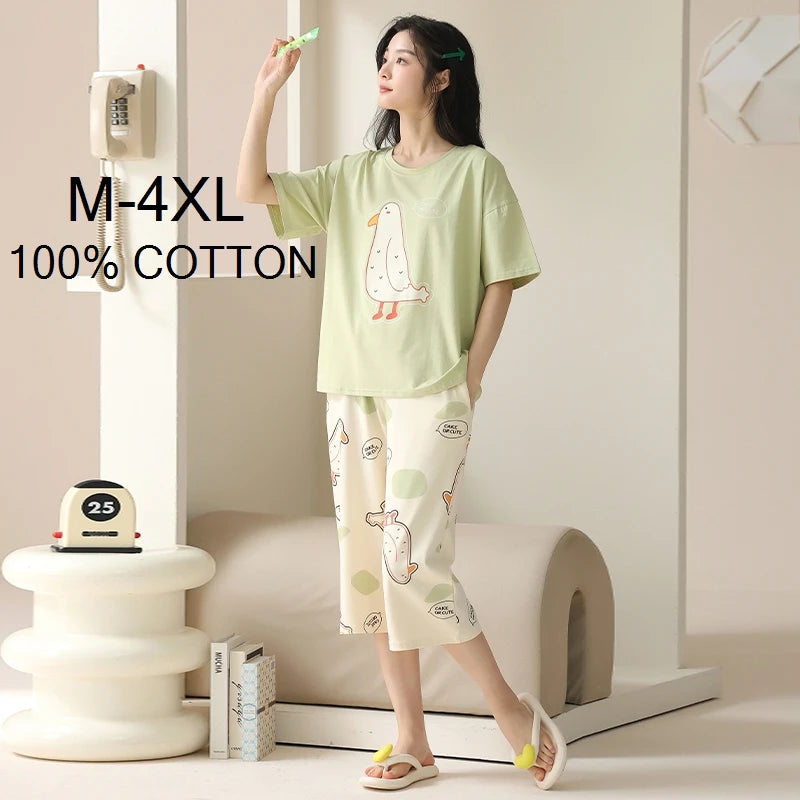 SUKAE-Conjunto de Pijamas dos desenhos animados das mulheres, 100% algodão, calça curta na altura do joelho, pijamas, capris loungewear, pijamas de verão, M-4XL