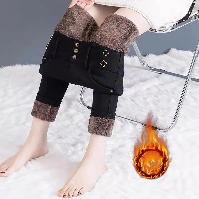 Jeans coreano elástico de cintura alta com pelúcia ártica, zíper de botão monocromático, calça lápis reta preta, moda fina, outono e inverno, nova