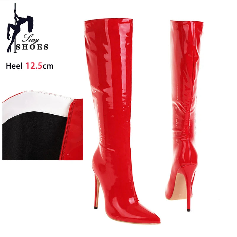 Senhoras elegantes botas longas 2024 clube festa saltos stiletto moda feminina joelho-botas altas inverno curto pelúcia apontou toe sapatos vermelhos