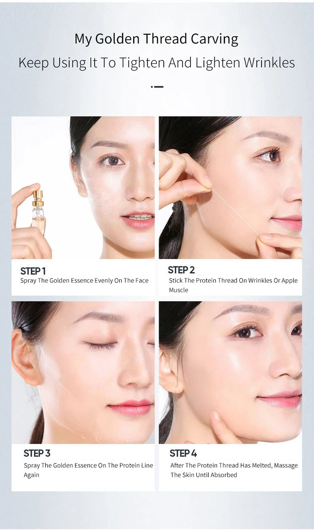 Fios Solúveis para Lifting Facial, Essência Facial de Colágeno, Peptídeo de Proteína, Fio de Seda Dourada, Sérum Facial para Antienvelhecimento e Firmeza da Pele