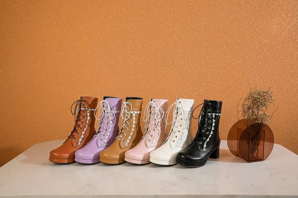 Moda feminina lolita meados de bezerro botas outono inverno elegante senhora cosplay sapatos de festa plataformas couro plus size botas dropship