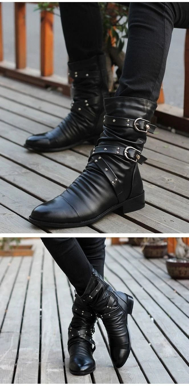 Inverno apontou toe botas de cano médio masculino fivela cinta chelsea bota para homens de couro botas de motocicleta alta superior homem sapato de inverno