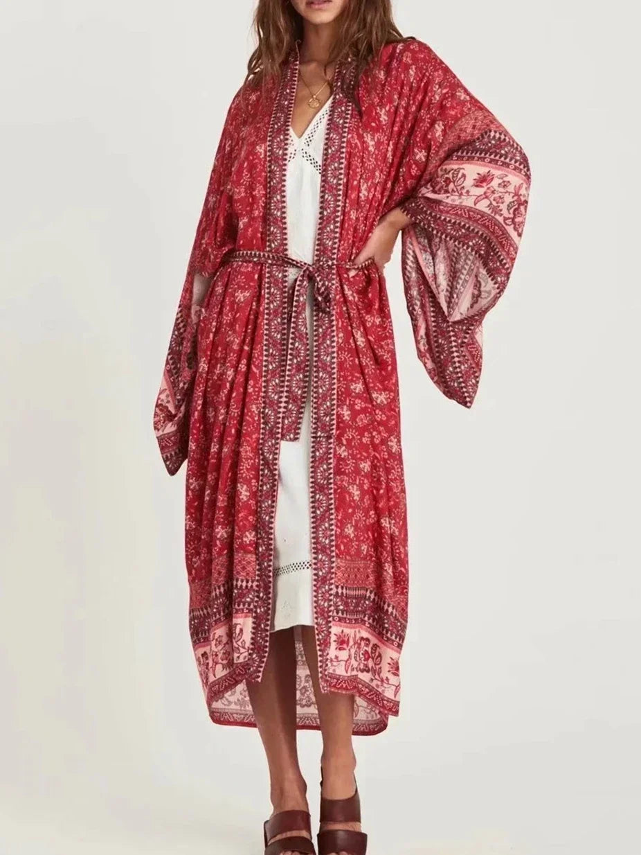 Vintage chique feminino floral impressão batwing manga praia boêmio quimono vestido senhoras com decote em v verão boho robe cover-ups vestidos