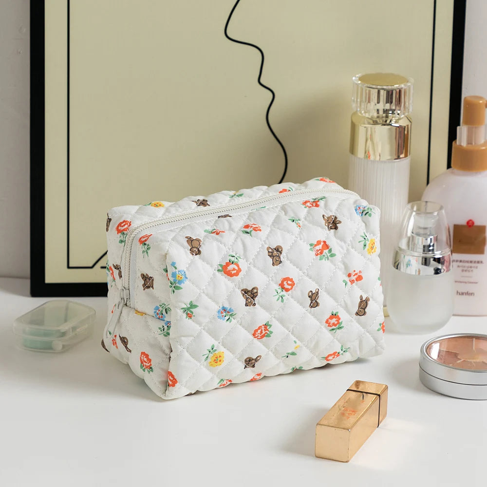 Sacos de maquiagem florais acolchoados com zíper bonito impressão flor organizador de armazenamento acessório de maquiagem saco de higiene pessoal grande saco de cosméticos feminino
