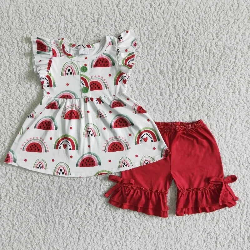 Bebê meninas boutique verão frutas roupas melancia vermelho camisa rosa dot plissado shorts atacado crianças roupas conjunto criança roupa