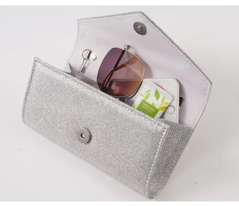 Bolsa de Noite Prateada com Glitter para Mulheres, Elegante e Fashion, Bolsa Longa com Cadeado, Clutch para Casamentos e Festas