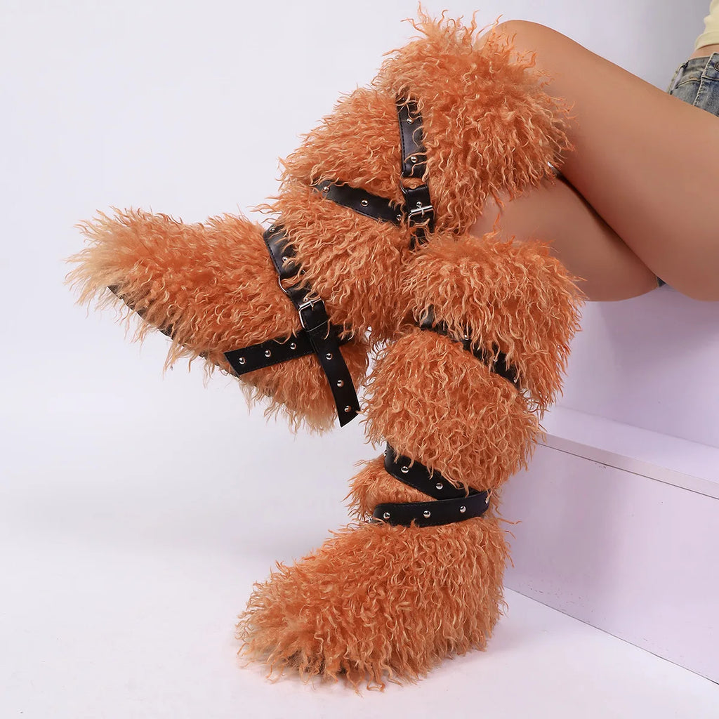 Botas femininas felpudas até o joelho |   Calçado de inverno com detalhes multi-fivela, texturas de leopardo e shearling