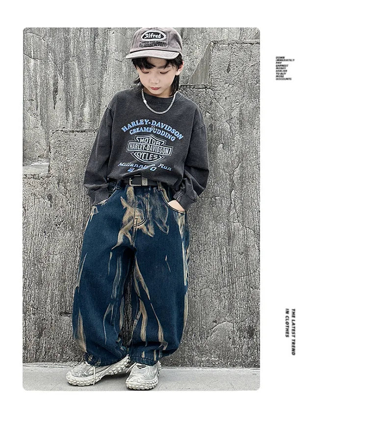 Crianças graffiti jeans meninos primavera e outono 2025 novas crianças adolescentes bonito meninos perna reta solta calças de perna larga
