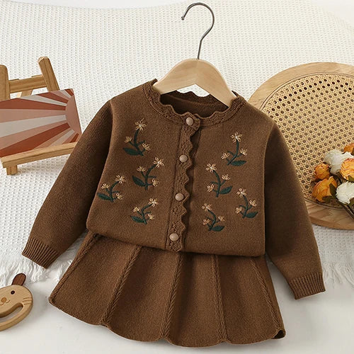 2025 novo outono 0-5yrs bebê meninas conjunto de roupas manga comprida malha cardigan casaco + saia curta crianças roupas de malha terno