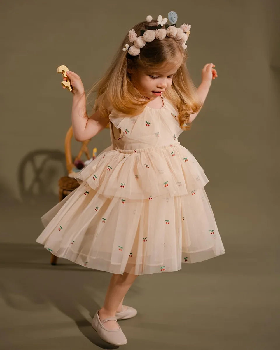 Verão ks bebê meninas cereja malha vestido crianças roupas meninas vestidos de princesa saias festa de natal manga longa vestidos