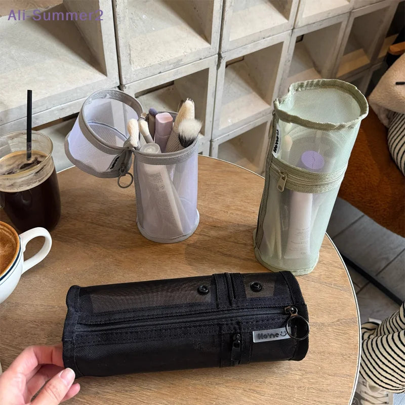 {Summer2} 【Summer2】Bolsa de armazenamento para pincéis de maquiagem, de malha, de dupla utilização, portátil, simples, de grande capacidade, suporte para pincéis