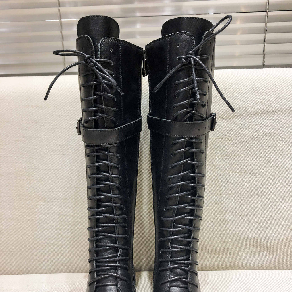 Krazing pot-botas de couro genuíno com cordões e saltos baixos, dedo do pé redondo, punk, superstar, fecho de fivela, sobre o joelho, tamanho grande