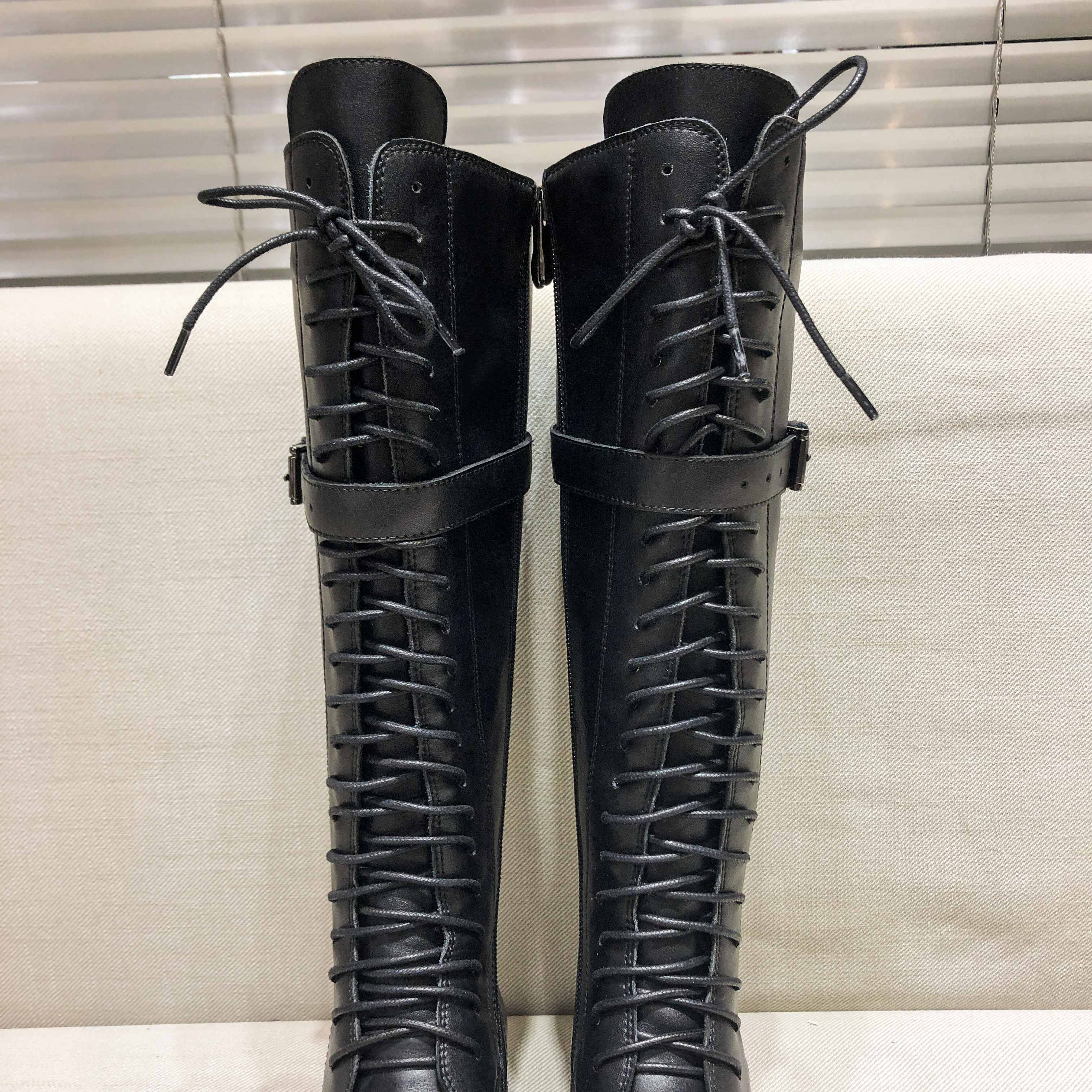Krazing pot-botas de couro genuíno com cordões e saltos baixos, dedo do pé redondo, punk, superstar, fecho de fivela, sobre o joelho, tamanho grande