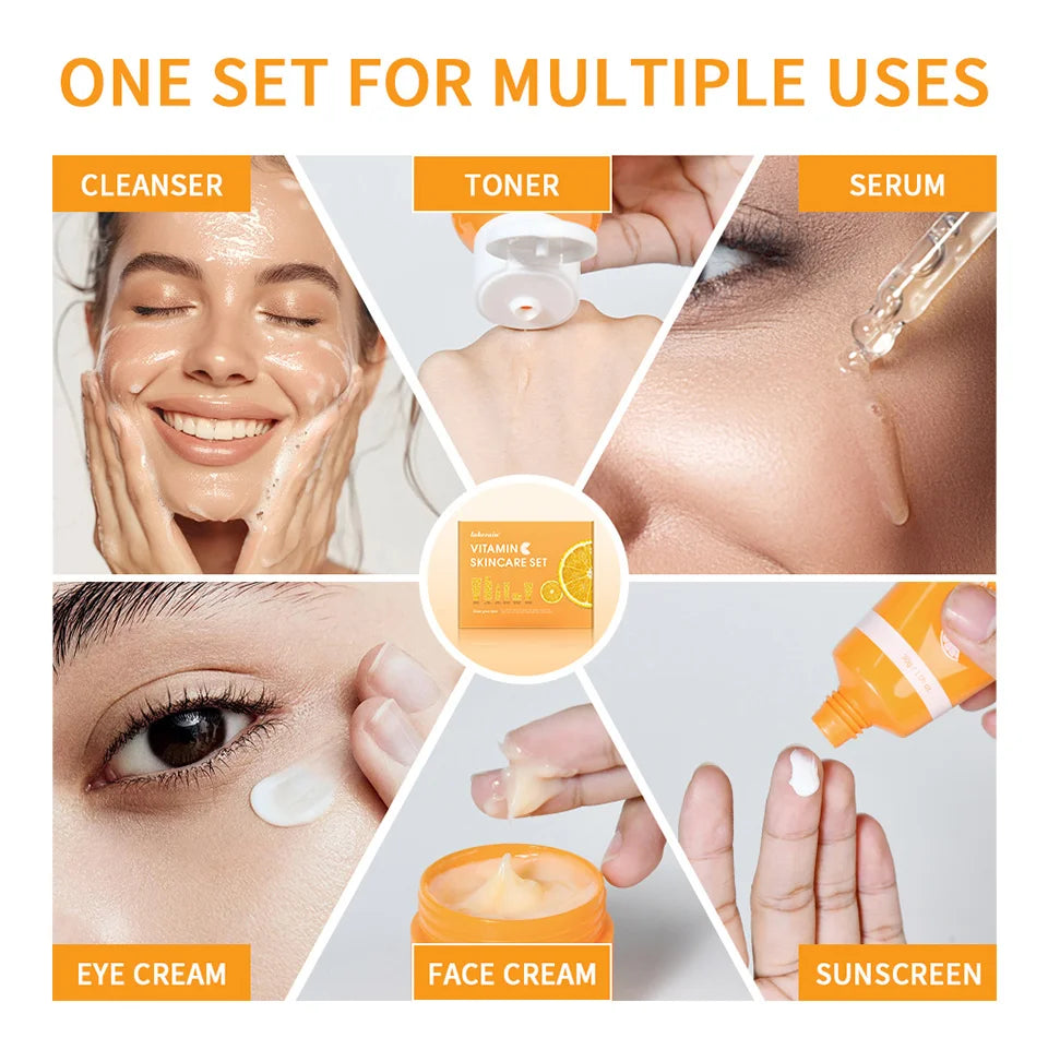 Lakerain vitamina c conjunto de cuidados com a pele 6 pçs kit creme de clareamento manchas escuras soro círculo escuro olho hidratante facial kits de clareamento