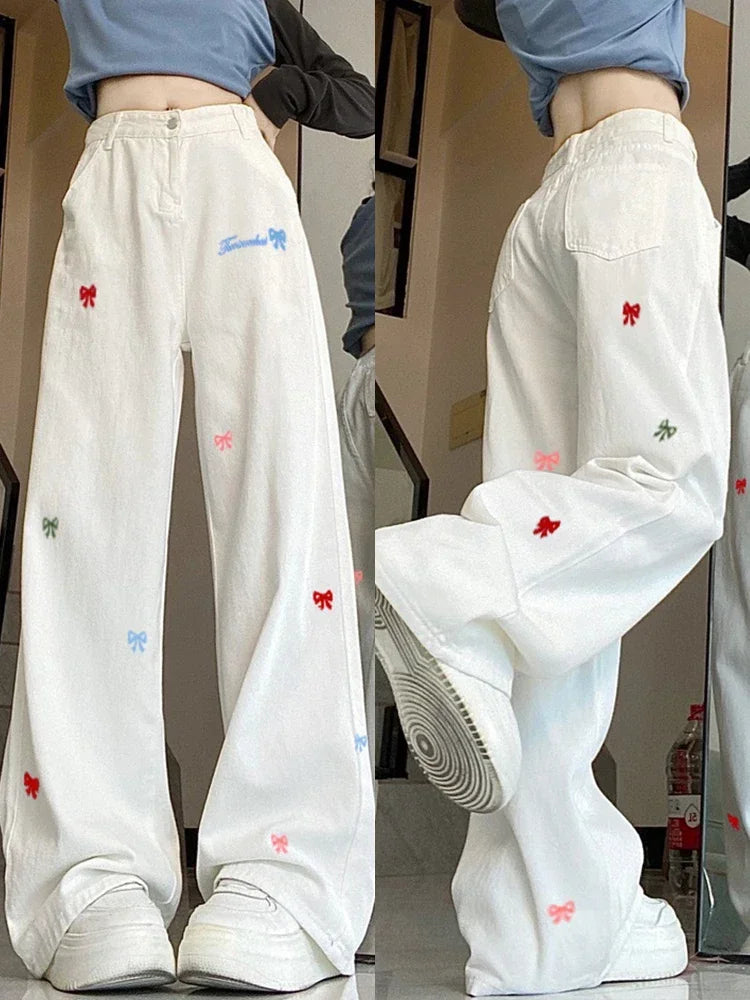 Arco bordado calças de brim femininas cintura alta vintage em linha reta baggy calças jeans coreano harajuku preppy branco perna larga denim