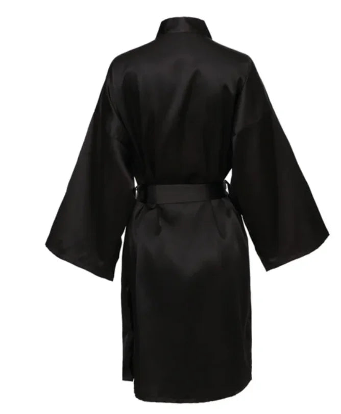 Robe noturno de cetim sólido, roupão elegante de meia manga com decote em V e cinto, roupa de dormir feminina